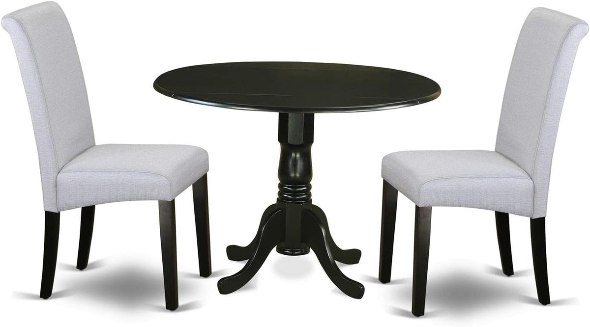East West Furniture DLBA3-BLK-05 3 Piece Kitchen Table & Chairs Set Contains a Round Dining Room Table with Dropleaf and 2 Grey Linen Fabric Parsons Dining Chairs, 42x42 Inch, Black