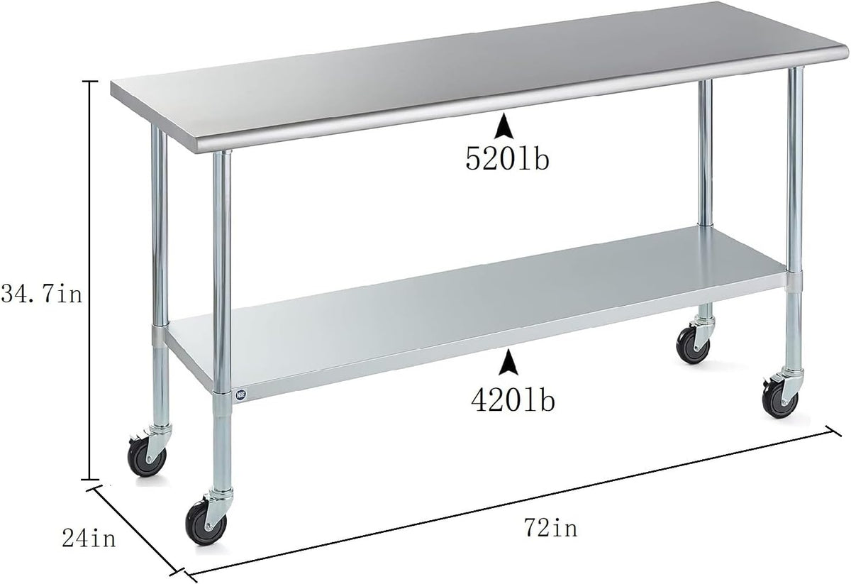 ROCKPOINT Stainless Steel Table for Prep & Work with Caster Wheels 24x72 Inches, NSF Metal Commercial Kitchen Heavy Duty Table with Adjustable Under Shelf and Table Foot for Restaurant, Home and Hotel