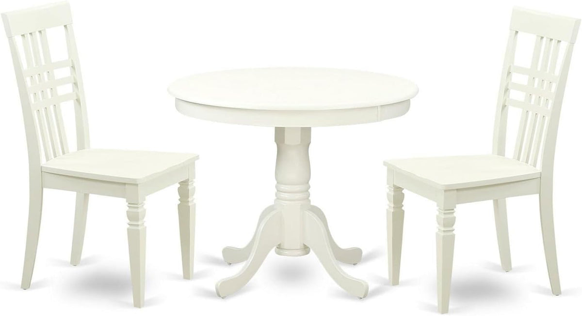 East West Furniture ANLG3-LWH-W 3 Piece Dining Table Set for Small Spaces Contains a Round Kitchen Table with Pedestal and 2 Dining Chairs, 36x36 Inch, Linen White