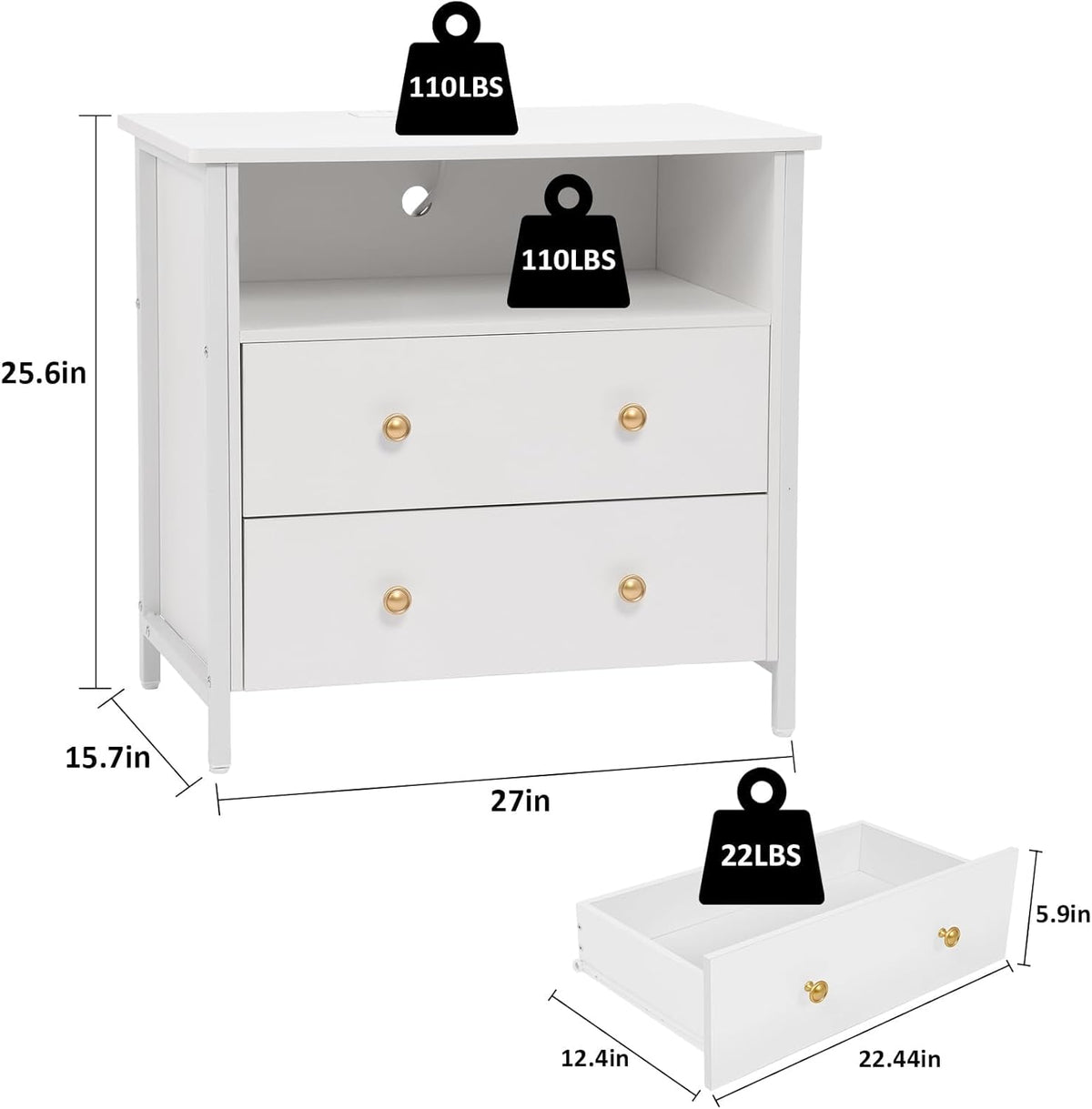 27 Inch Wide Night Stand, Large Wood Night Stand Set 2 with 2 Drawers, LED Nightstand with Charging Station and Adjustable Drawer, Bedside Table for Living Room/Bedroom/Study/Office, White.
