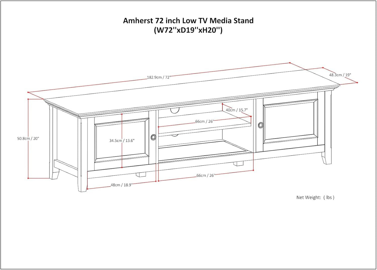 SIMPLIHOME Amherst 72-inch Wide Solid Wood Low TV Stand in Hickory Brown, Transitional-Style Media Console for Living Room with Cable Management, Fits 80" TVs