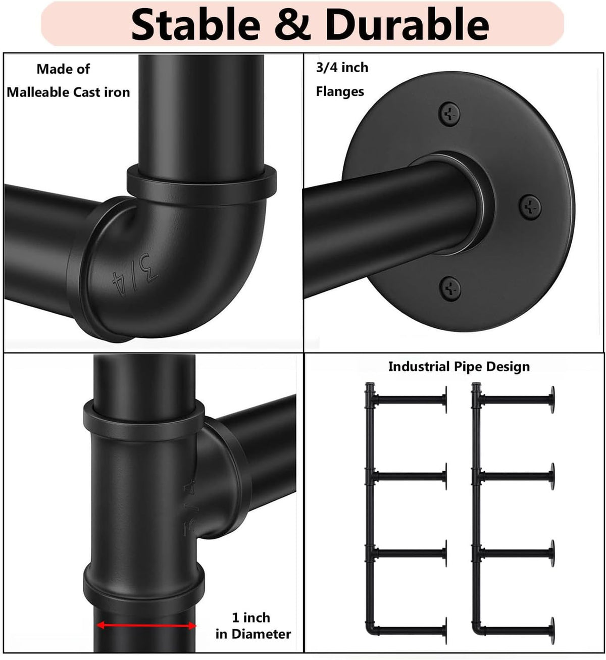 Industrial Pipe Shelf Brackets Wall Mount,Open Black Pipe Shelving for Kitchen,Floating Shelf Brackets Mount,Open Bookshelf Brackets for Shelves,Wall Shelves 12 Inch Deep,(2PcsX4Tier,47" Tall)