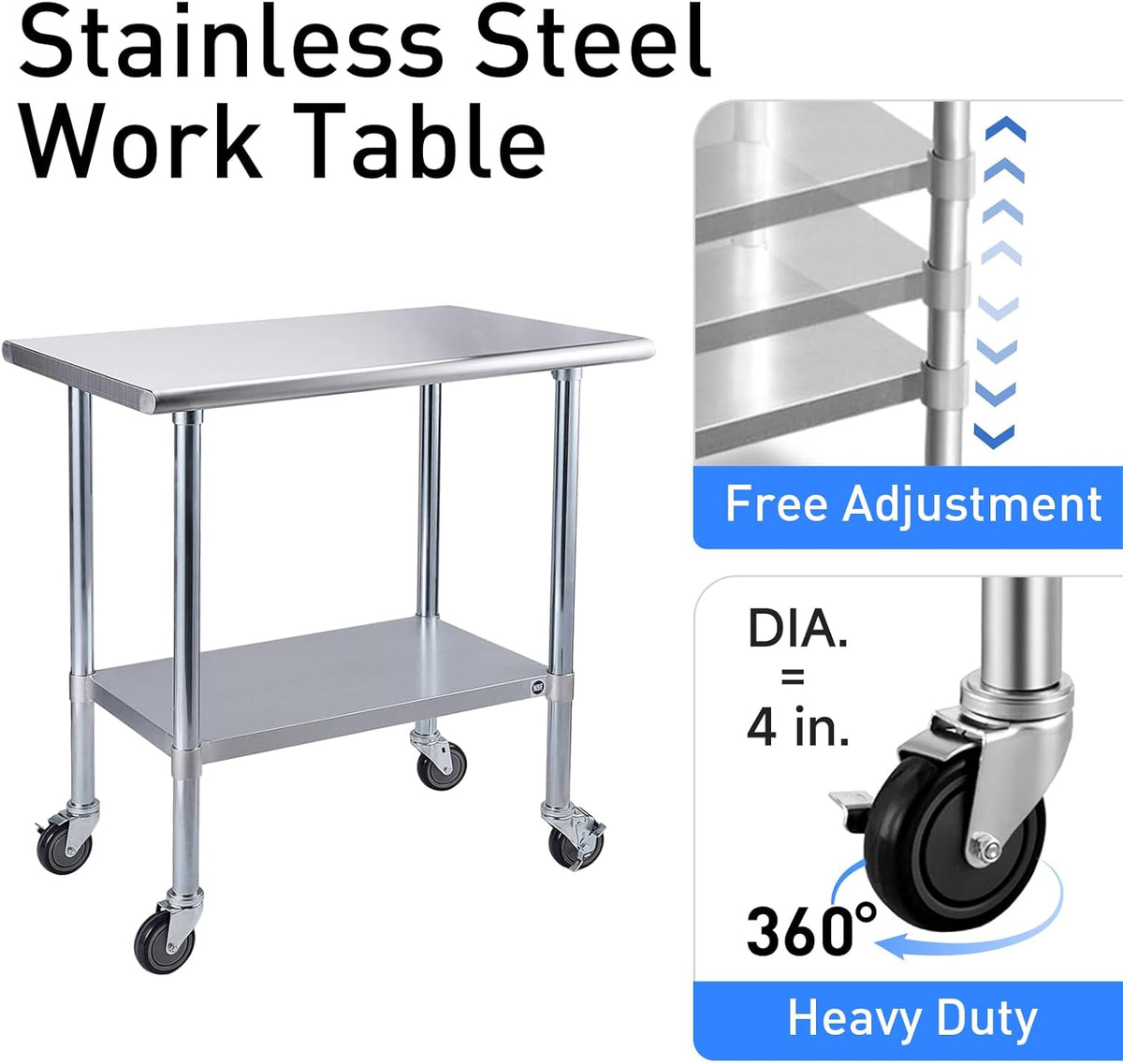 ROCKPOINT Stainless Steel Table for Prep & Work with Caster Wheels 14x30 Inches, NSF Metal Commercial Kitchen Heavy Duty Table with Adjustable Under Shelf and Table Foot for Restaurant, Home and Hotel