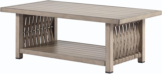 Outdoor Coffee Table, Aluminum Rope Weave Patio Coffee Table, Weatherproof Outside 2-Tier Rectangle Outdoor Patio Furniture for Garden, Pool, Outside, Decks, Gray Oak
