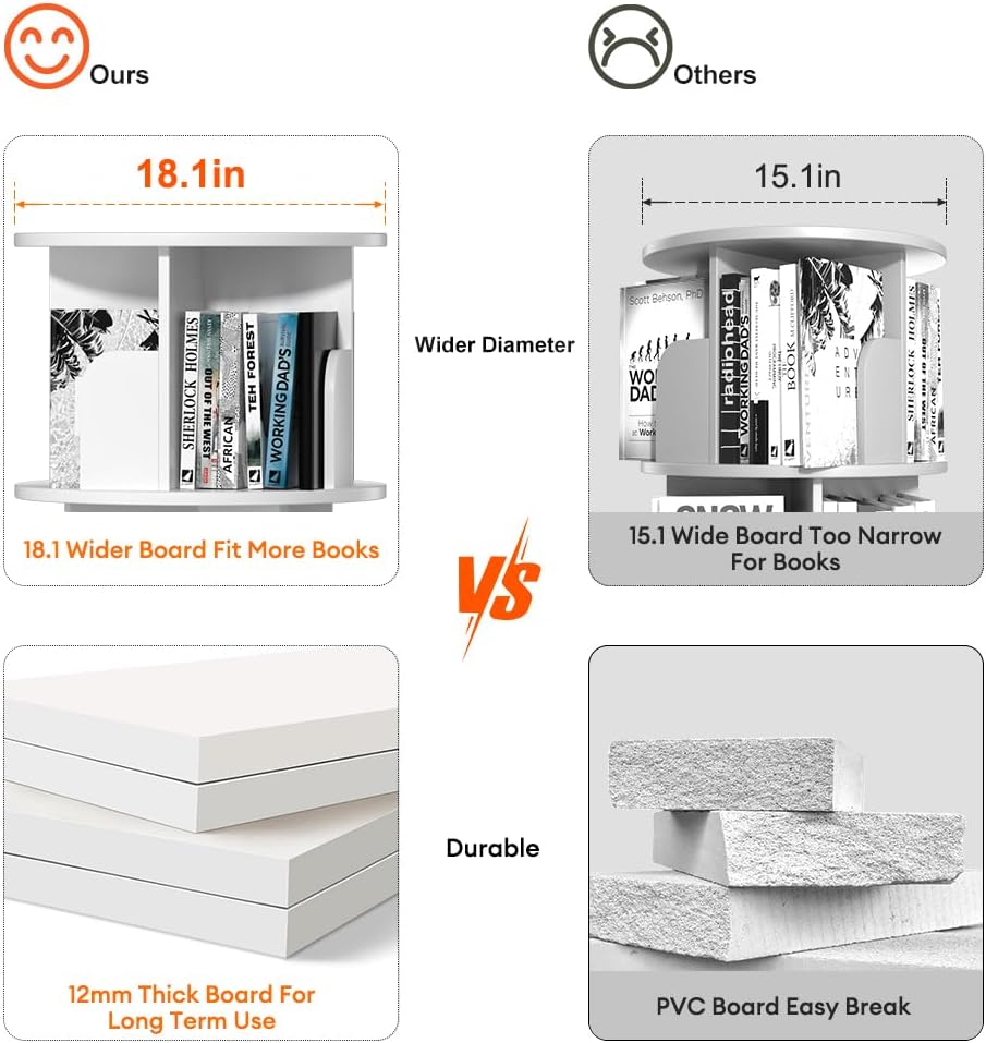 Nidouillet Rotating Bookshelf, Revolving Bookcase 360 Display Round Bookshelf Narrow Swivel Corner Book Shelf Standing Bookcase for Adult Bedroom, Living Room (White, 3 Tier)