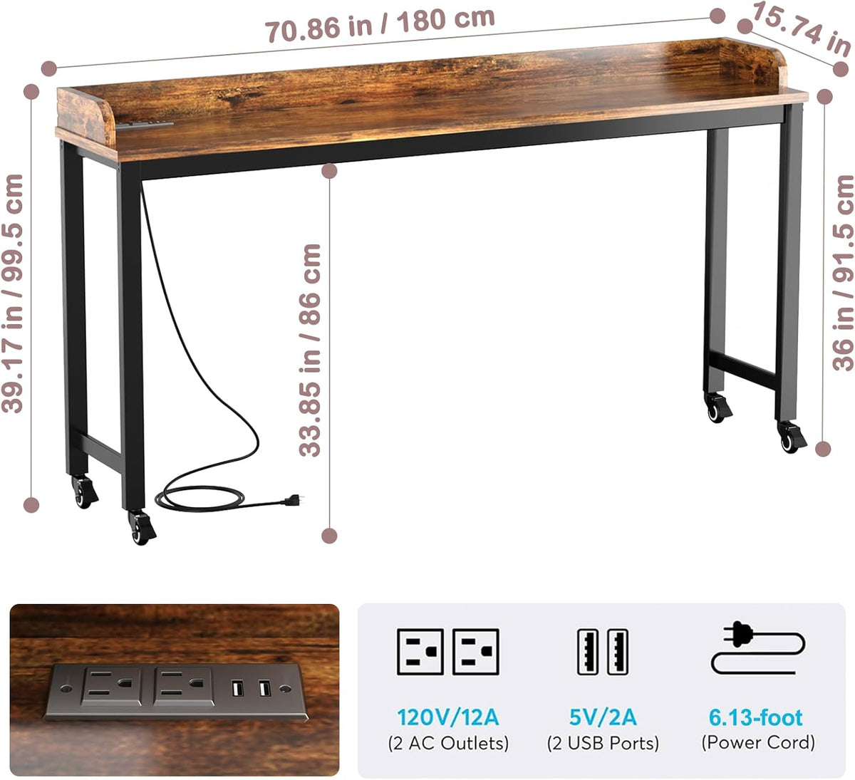 70.8" Standing Desk with Charging Station, Extra Long Desk on Wheels for Standing and Sitting, Sofa Table Behind Couch with Power Outlets and USB Ports, Easy Assembly, Walnut