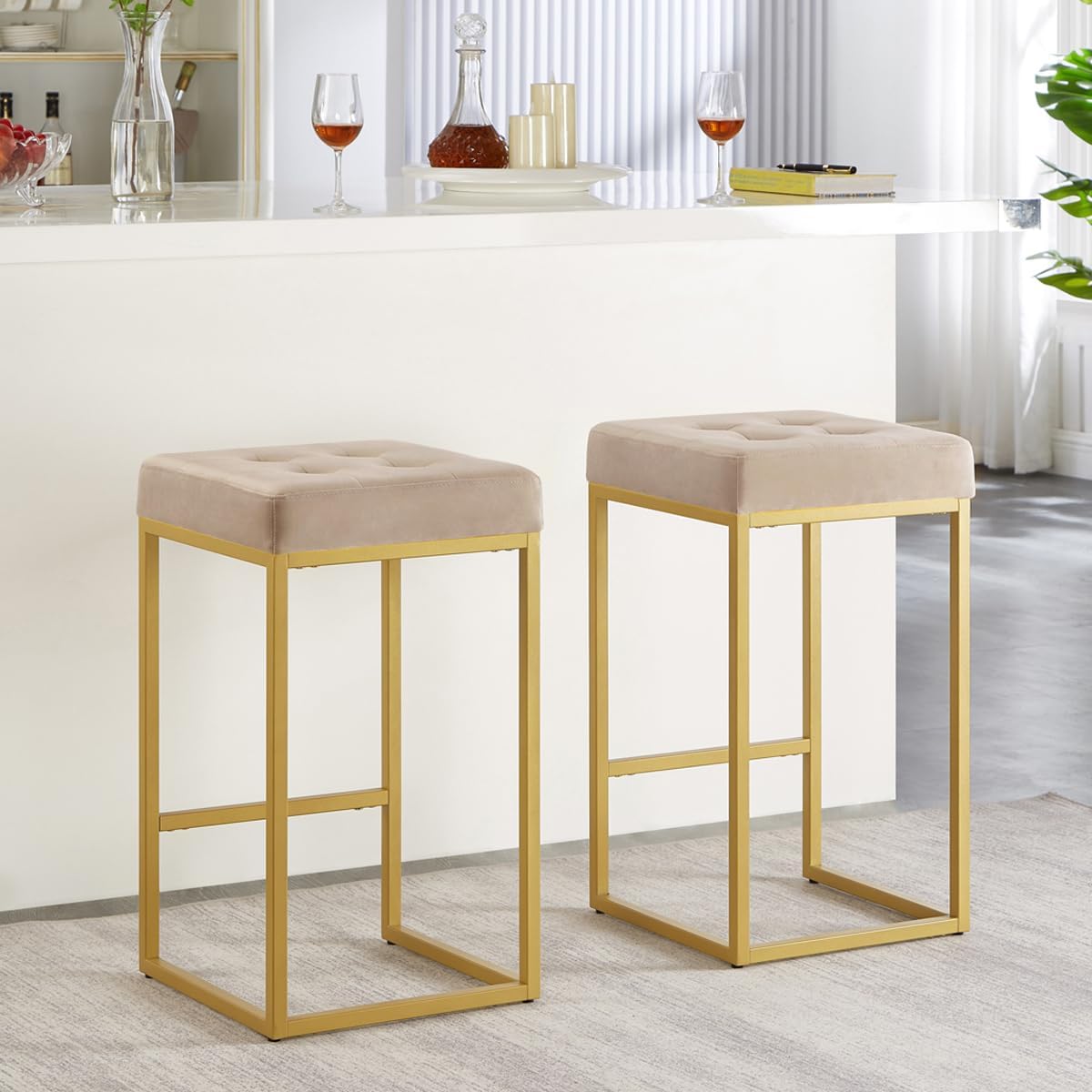 24KF Contemporary Counter Height Bar Stool Set of 2 for Kitchen Island, 26" H Velvet Padded Gold Barstool Bar Chair,5066-Taupe