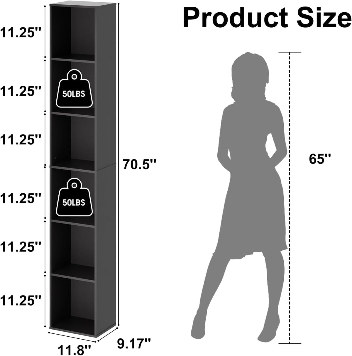 Tall Narrow Bookshelf 6-Tier Bookcase,70.5" Skinny Thin Corner Shelf Slim Storage Cabinet,Wood DVD CD Media Cube Organizer Tower Rack for Small Spaces, Bedroom, Living Room, Office,Black