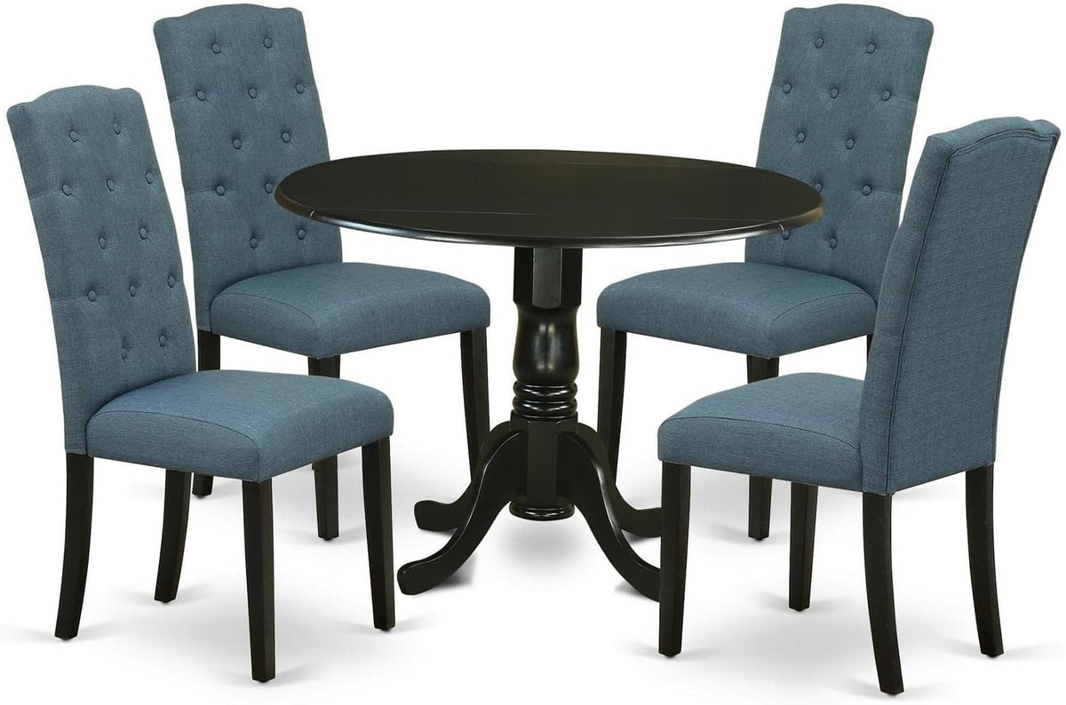 East West Furniture DLCE5-BLK-21 5 Piece Kitchen Table & Chairs Set Includes a Round Dining Table with Dropleaf and 4 Mineral Blue Linen Fabric Upholstered Chairs, 42x42 Inch, Black