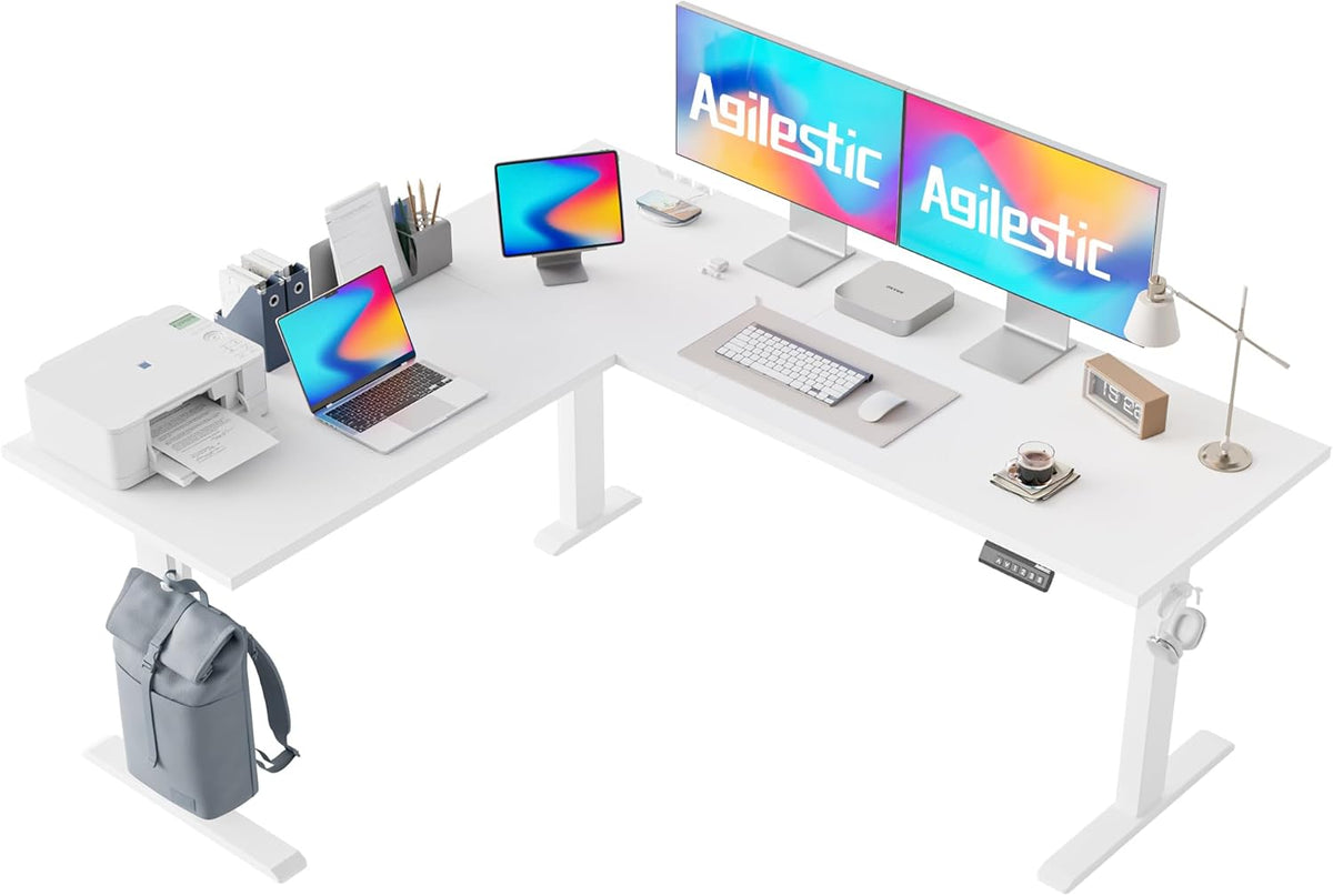 Agilestic 63 x 55 Inch L Shaped Standing Desk Adjustable Height, Corner Standing Desk, Sit Stand Up Computer Table, Splice Board, White