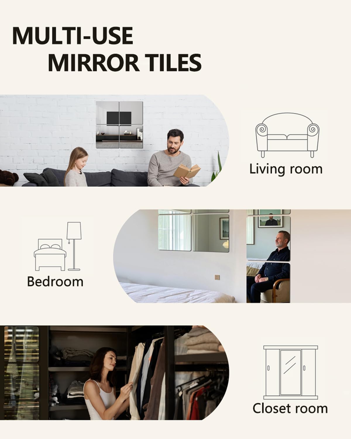 Glass Wall Mirror Tiles 12" x 12" Frameless Full Length Mirror Wall Mounted Full Body Mirrors for Bedroom Home Gym Door Bathroom (4PCS)