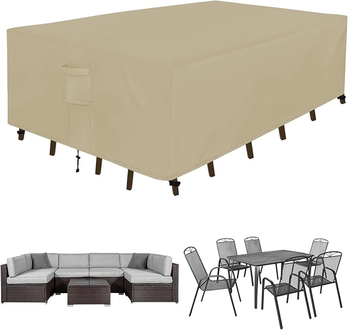 Easy-Going Rectangle Patio Furniture Cover Waterproof Outdoor Dining Table and Chair Cover Anti-UV Outside Sectional Sofa Set Covers (110"L x 84"W x 28"H, Camel)