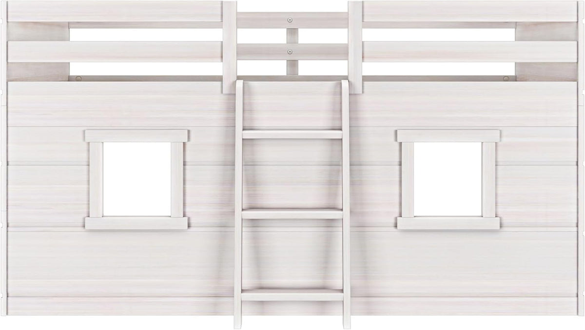 Max & Lily Modern Farmhouse Twin Low Loft Bed with Two Windows - Solid Wood, 15” Guardrails, 400-lb Capacity, Low-VOC Finish, White Wash