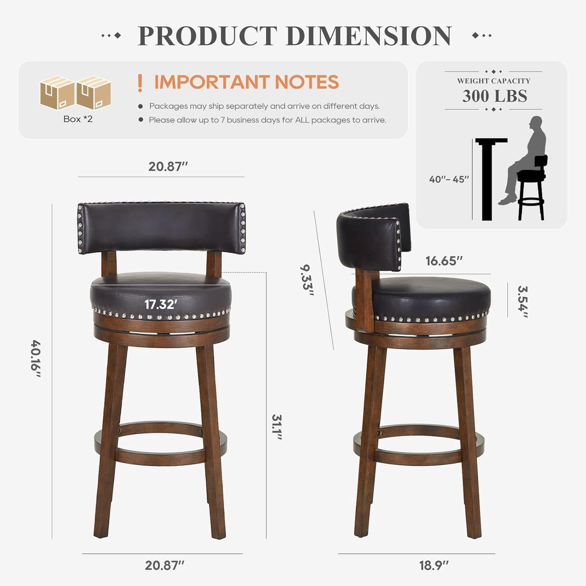 COLAMY Swivel Bar Stools Set of 2, 30 Inch Swivel Bar Height Bar Stools, Wood Swivel Barstools with Back, Modern Upholstered Wooden Barstools for Kitchen Island Dining Room Bar, Dark Brown