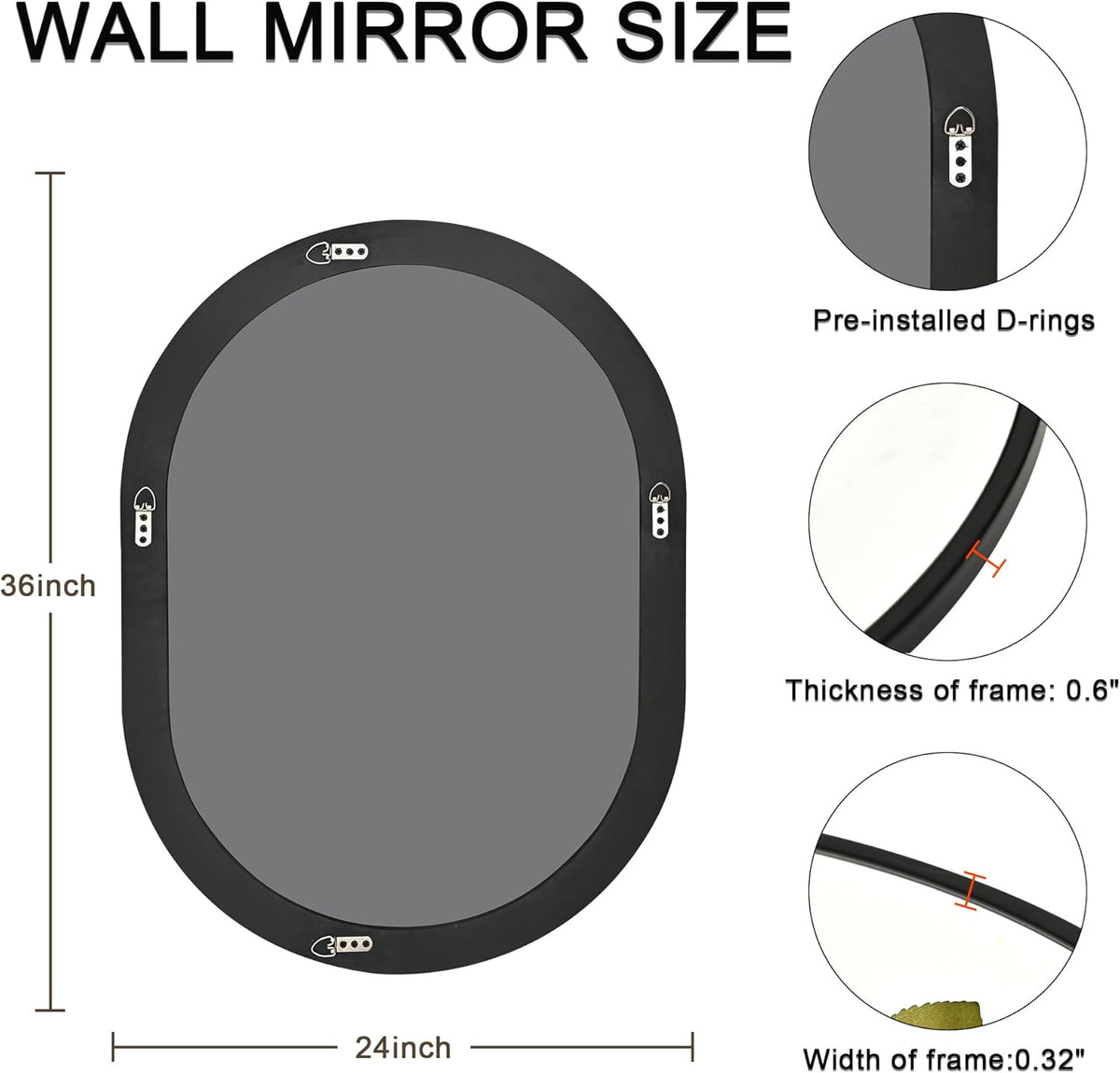 Oval Bathroom Mirror 24x36 Inch, Pill-Shaped Black Framed Wood Wall Mirrors with Tempered Glass for Bedroom,Entryway or Living Room