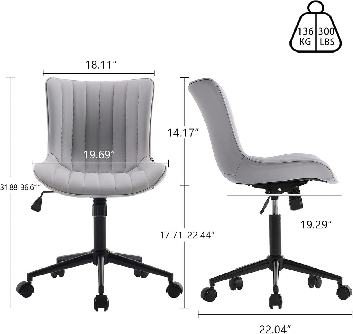 YOUNIKE Grey Home Office Desk Chair with Wheels Ergonomic Comfy Armless Vanity Chair with Back Modern Leather Upholstered Rolling Task Chair Small Cute Computer Drafting Sewing Chair Swivel Adjustable