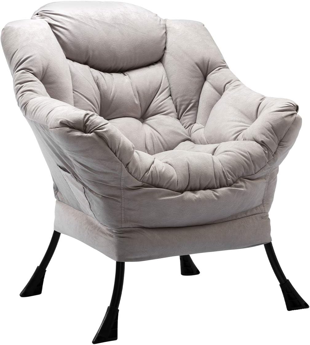 HollyHOME Modern Large Cotton Fabric Lazy Chair，Accent Contemporary Lounge Chair, Single Steel Frame Leisure Sofa Chair with Armrests and A Side Pocket, Grey