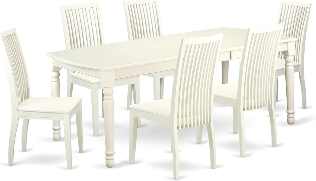 East West Furniture DOIP7-LWH-W 7 Piece Dining Table Set Consist of a Rectangle Dining Room Table with Butterfly Leaf and 6 Wooden Seat Chairs, 42x78 Inch, Linen White