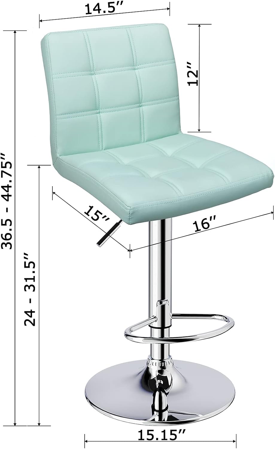 Leopard Modern Square PU Leather Adjustable Bar Stools with Back, Square Back Bar Stools Set of 2,Counter Height Swivel Stool (Mint Green)