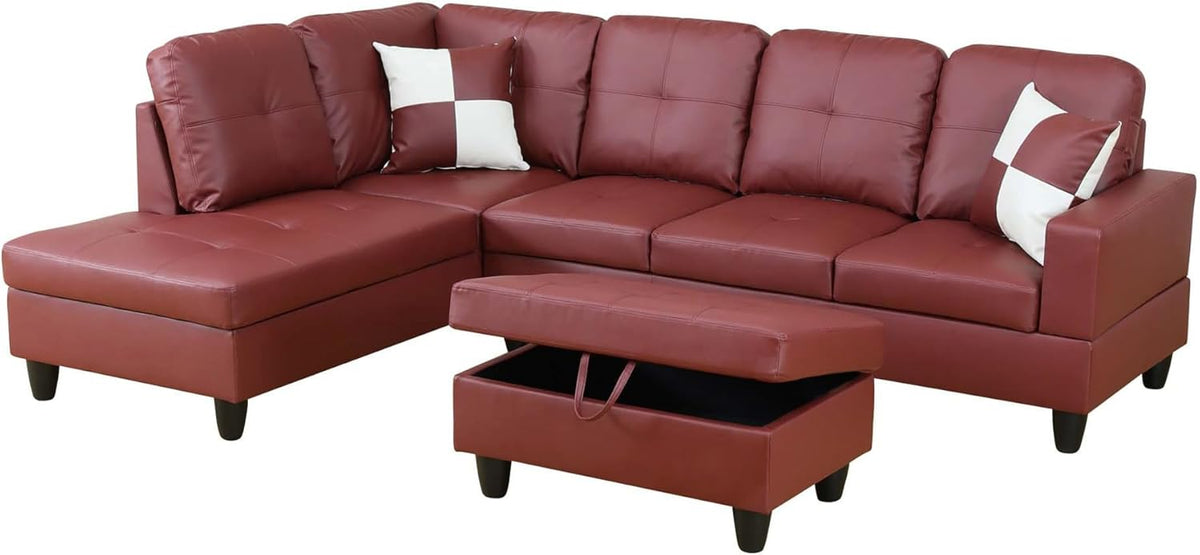 Osparple L Shaped Couch Faux Leather Sectional Couches for Living Room Upholstered 3 Pieces Modular Sectional Sofa with Chaise, Ottoman with Storage for Living Room and Small Apartment, Dark Red