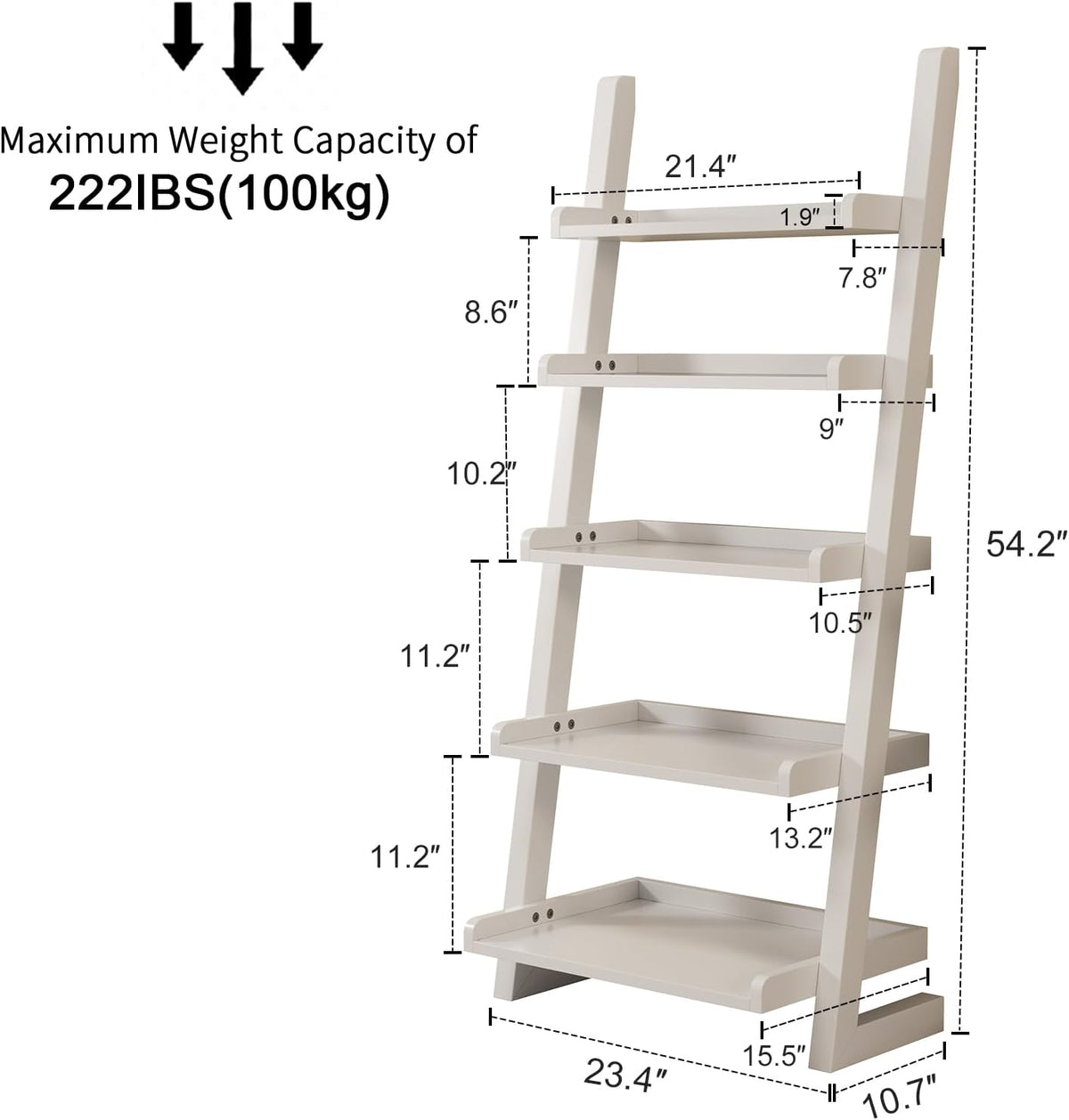 White Wooden Ladder Shelf with Edges, 5-Tier Modern Leaning Bookshelf Ladder – Stylish Space-Saving Bookcase for Living Room, Bedroom & Home Office
