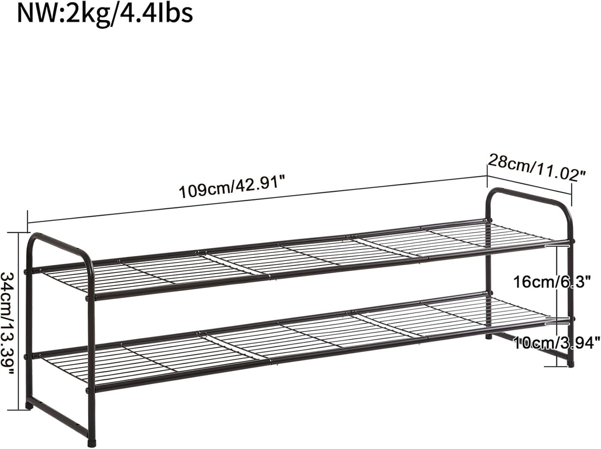 YMYNY Freestanding Shoe Racks, 2 Tiers Stackable & Adjustable Shoe Storage Shelf, Extra Large Capacity Shoe Organizer Stand for 12-18 Pairs, for Entryway, Closet, Bedroom, Black, 42.9" L, UHXJ303B