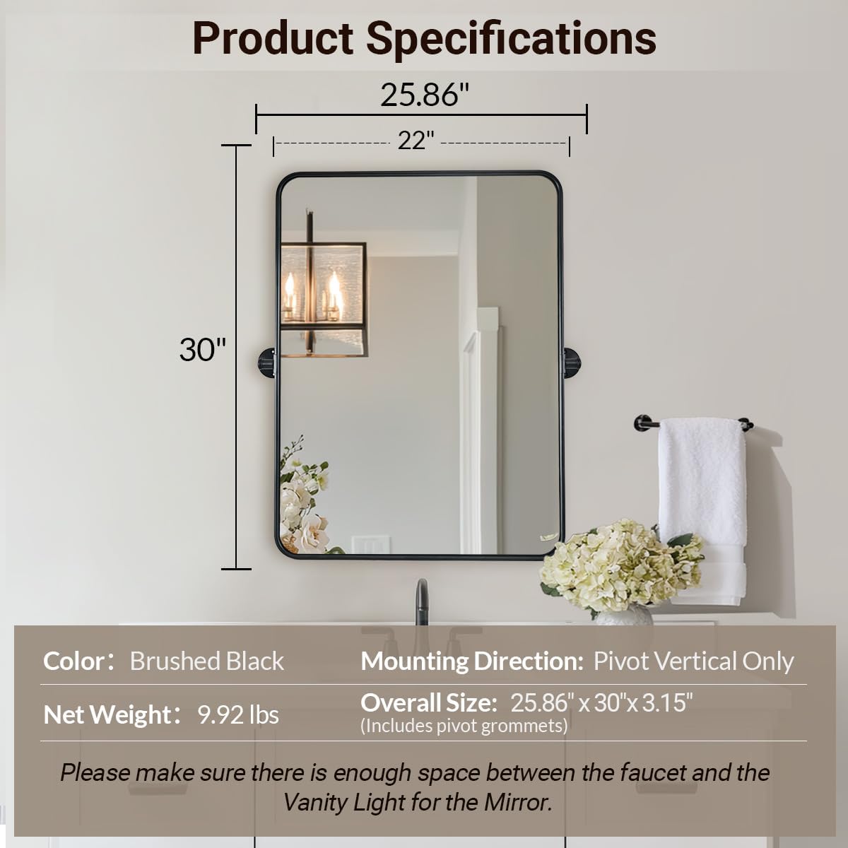ANDY STAR Pivot Mirror, 22" x 30" Black Tilt Mirror for Bathroom with Rounded Corner Tube Metal Frame Design, Black Vanity Rectangle Bathroom Mirror for Over Sink, Hangs Vertically Farmhouse Style