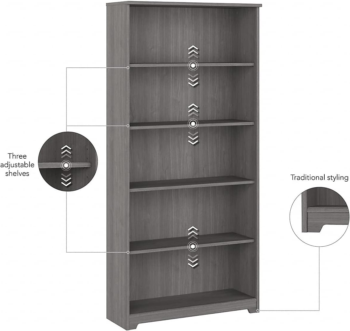 Bush Furniture Cabot Tall 5 Shelf Bookcase | Large Open Bookshelf in Modern Gray | Sturdy Display Cabinet for Library, Living Room, and Home Office