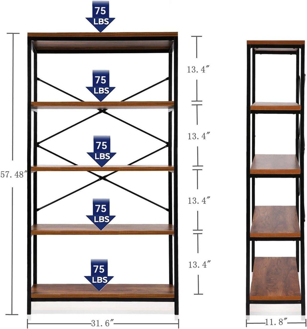 Himimi Industrial Bookshelf 5-Tier, Bookcase 58" H Ladder Shelf, Storage Shelves Rack Shelf Unit, Accent Furniture Metal Frame, Home Office Furniture for Bathroom, Living Room, Vintage Brown