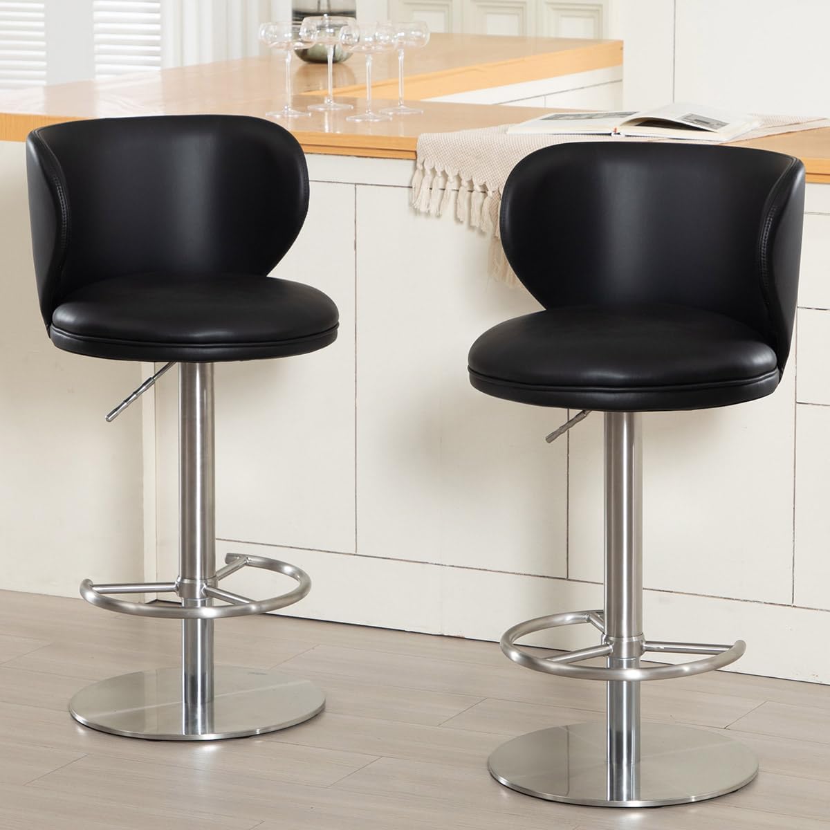 Black Titanium Stainless Steel Bar Stools,Grade Modern Leather Bar Chair with Backrest,Swivel Adjustable Height for Kitchen Counter and Dining Room (Black Leather-2pcs)