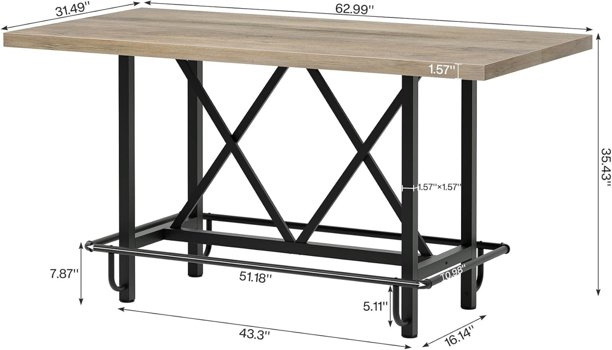 Tribesigns Bar Table, Industrial Counter Height Pub Table with Metal Footrest, 63-Inch Rectangle Wood Kitchen Dining Table with Sturdy Metal Frame for Dining Room, Home Bar (Gray)
