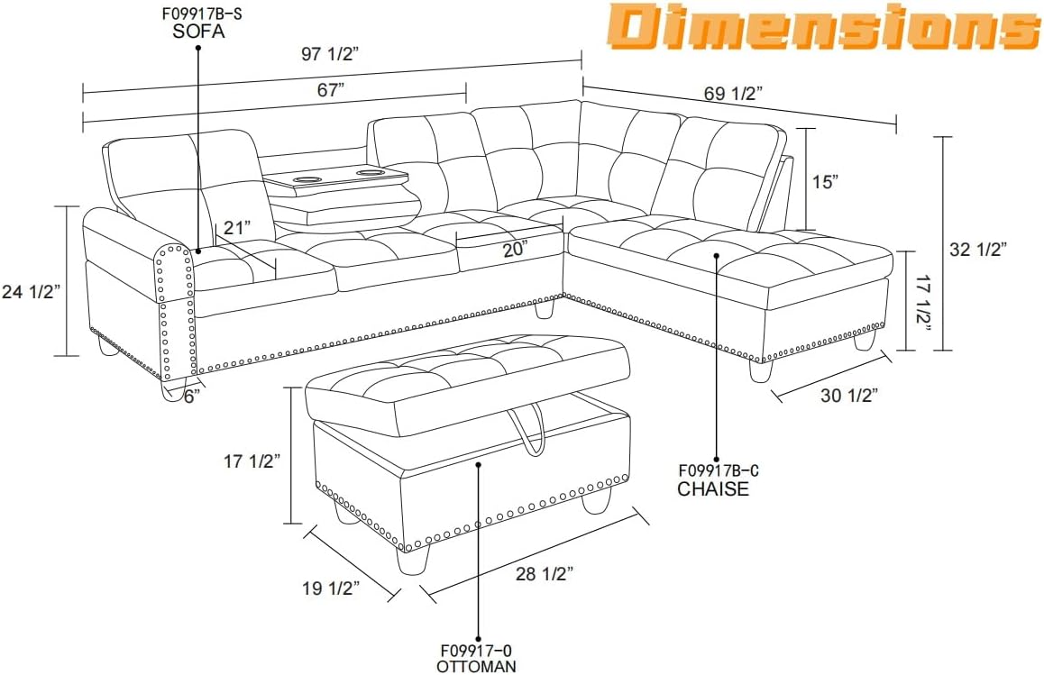 L Shaped Sectional Couch with Otttoman, 97" Sectional Sofa for Living Room Flannel Modular Couches with Cup Holders for Bedroom, Apartments, Purple