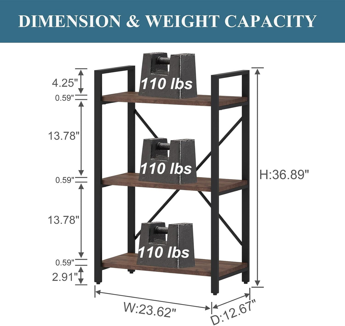 BON AUGURE 3 Tier Industrial Bookshelf, Office Small Open Book Shelf for Small Space, Short Narrow Wooden Etagere Bookcase for Living Room, Bedroom and Kitchen (Rustic Oak)