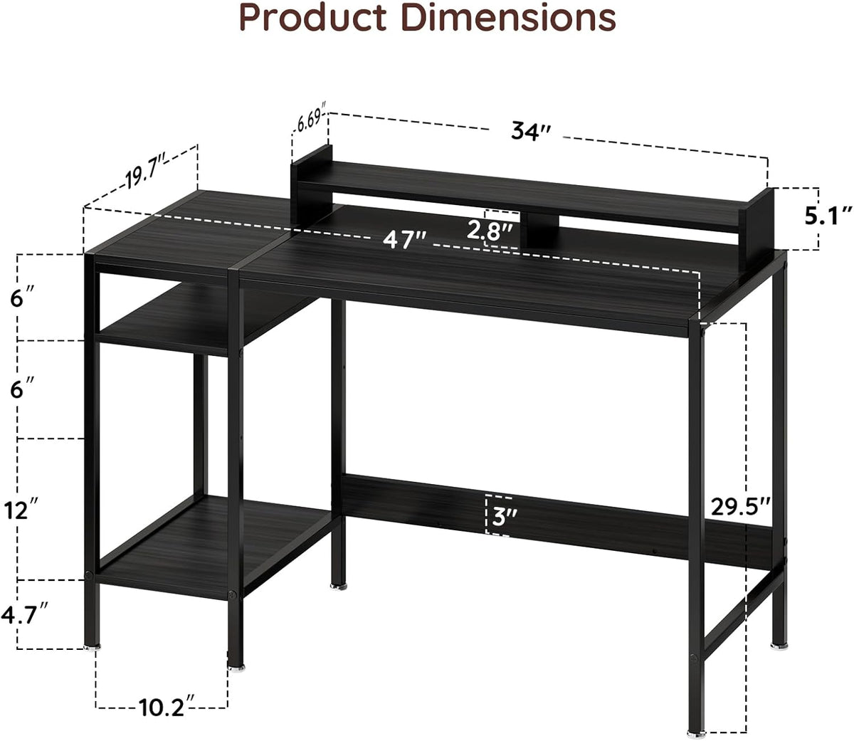 Computer Gaming Desk with Monitor Stand, Home Office Desk Suitable for 2 Monitors, Writing Desk with Adjustable Storage Space,Sturdy and Durable Modern Small Desk (Black, 47 inchs)