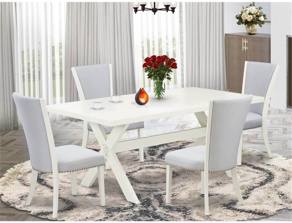 East West Furniture X027VE005-5 5 Piece Dining Room Table Set Includes a Rectangle Kitchen Table with X-Legs and 4 Grey Linen Fabric Parsons Dining Chairs, 40x72 Inch, Multi-Color