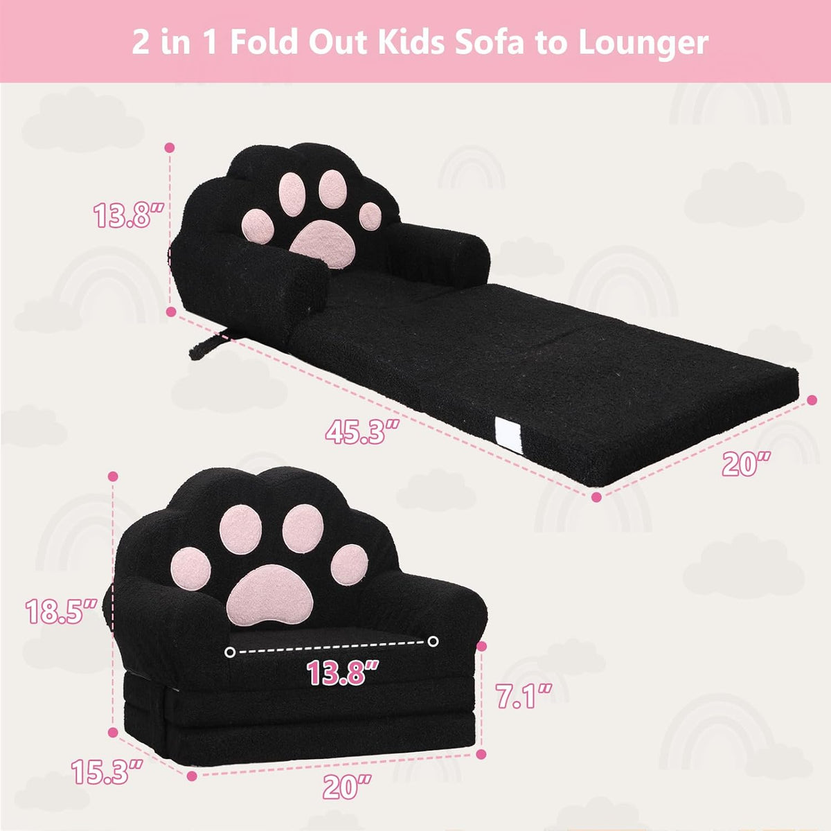 MONKISS Cat Paw Kids Couch, Toddler Chairs Comfy, Toddler Couch Bed Fold Out, Baby Lounge Chair, Birthday Gift for Girls, 1-4 Years Old, SF06, Black