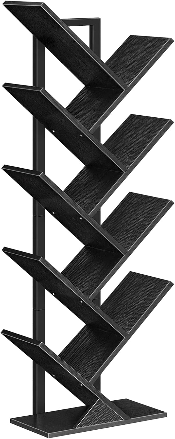 HOOBRO Tree Bookshelf, 9-Tier Bookcase Wooden Shelves, Floor Standing Storage Rack, for Display of CDs, Books in Living Room, Home Office, Wood Storage Rack for Bedroom, Black BB08SJ01G1