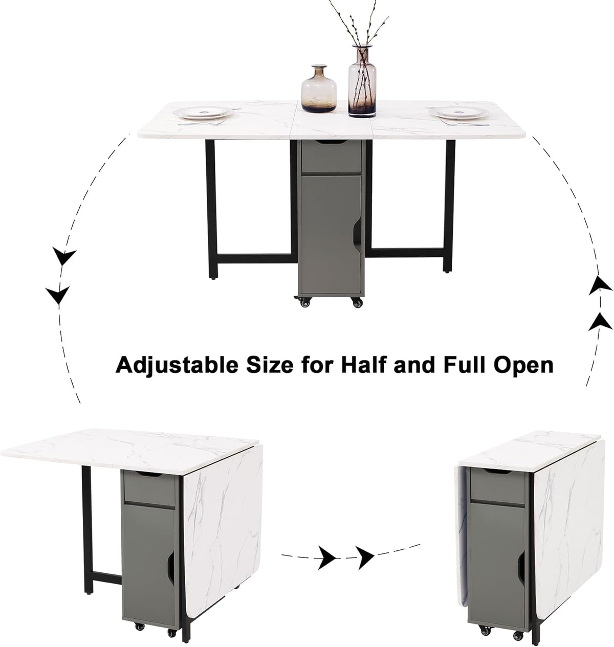Foldable Space Saving Dining Table Extendable, Folding Dining Table with Storage and Wheels 2-Layers, Versatile Drop Leaf Table Modern for Living Room, Kitchen, RV Campers (Grey)