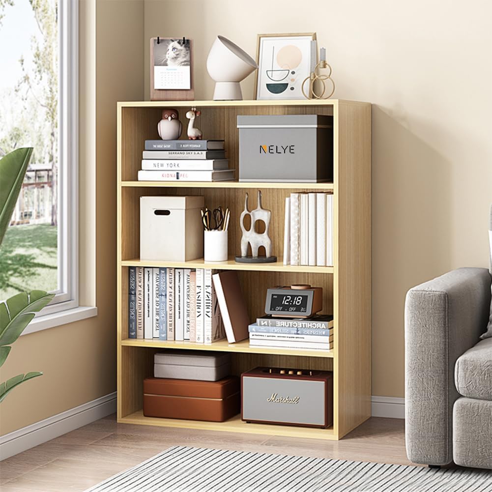 Basic Open Shelf Bookcase - 4-Tier Wooden Cube Storage Shelves Split Bookshelf, Oak