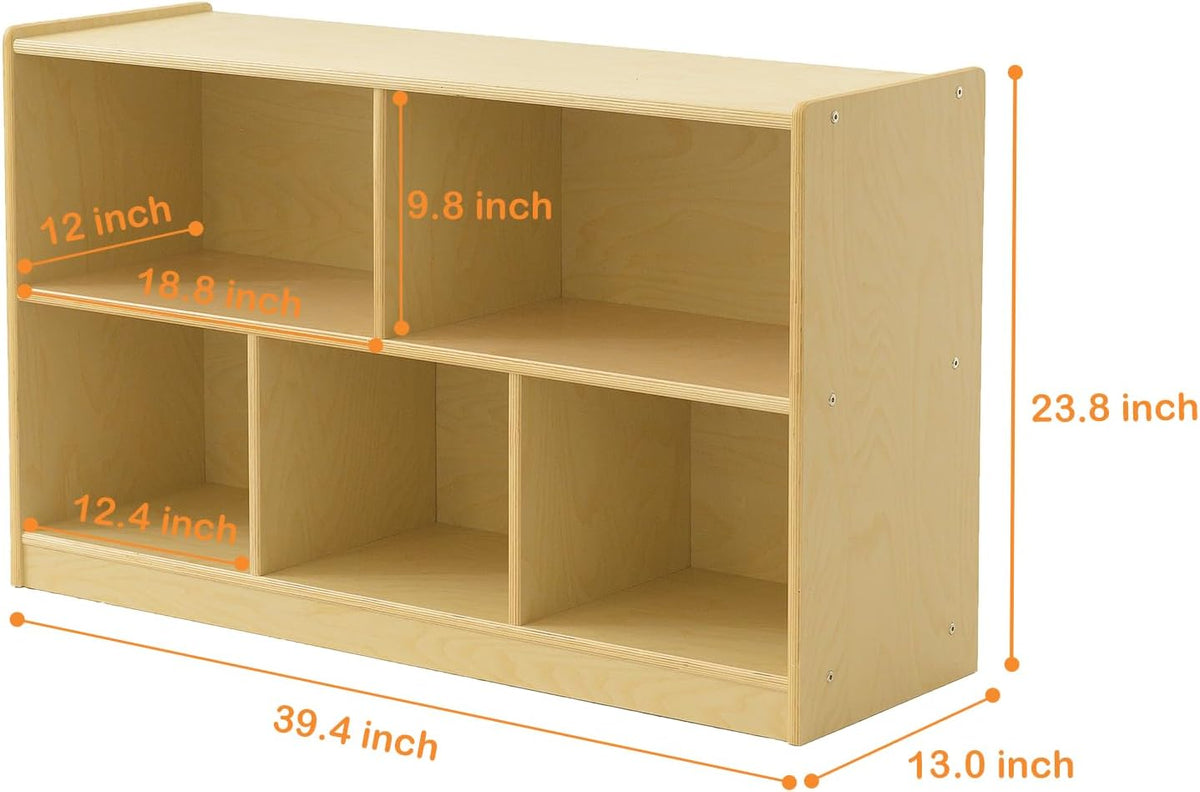Kids Bookshelf and Toy Storage Shelf, Wooden Montessori Bookshelf, 2-Tier Toy Shelf with 5 Cubby, Classroom Furniture, Birch Children Bookcase, Book Shelf for Kids Room, Nursery, Playroom