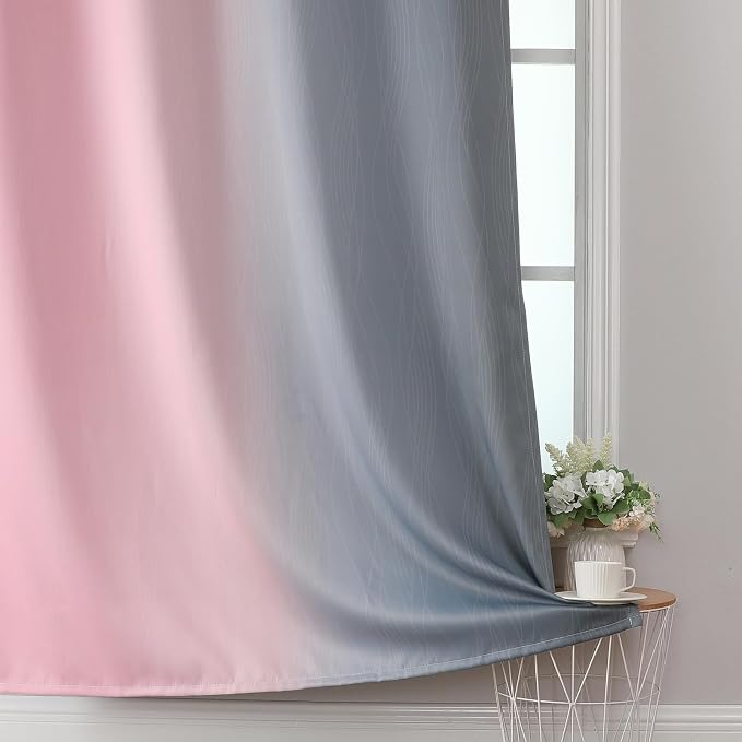 Pink and Grey Blackout Curtains 45 inches Long, Ombre Full Room Darkening