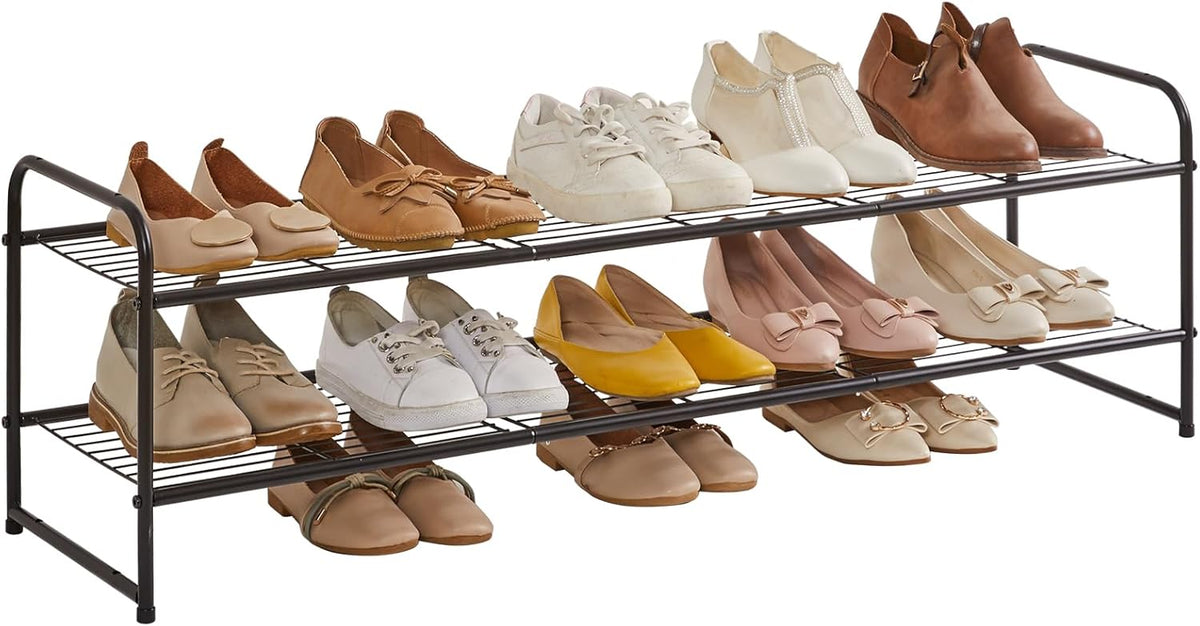 YMYNY Freestanding Shoe Racks, 2 Tiers Stackable & Adjustable Shoe Storage Shelf, Extra Large Capacity Shoe Organizer Stand for 12-18 Pairs, for Entryway, Closet, Bedroom, Black, 42.9" L, UHXJ303B