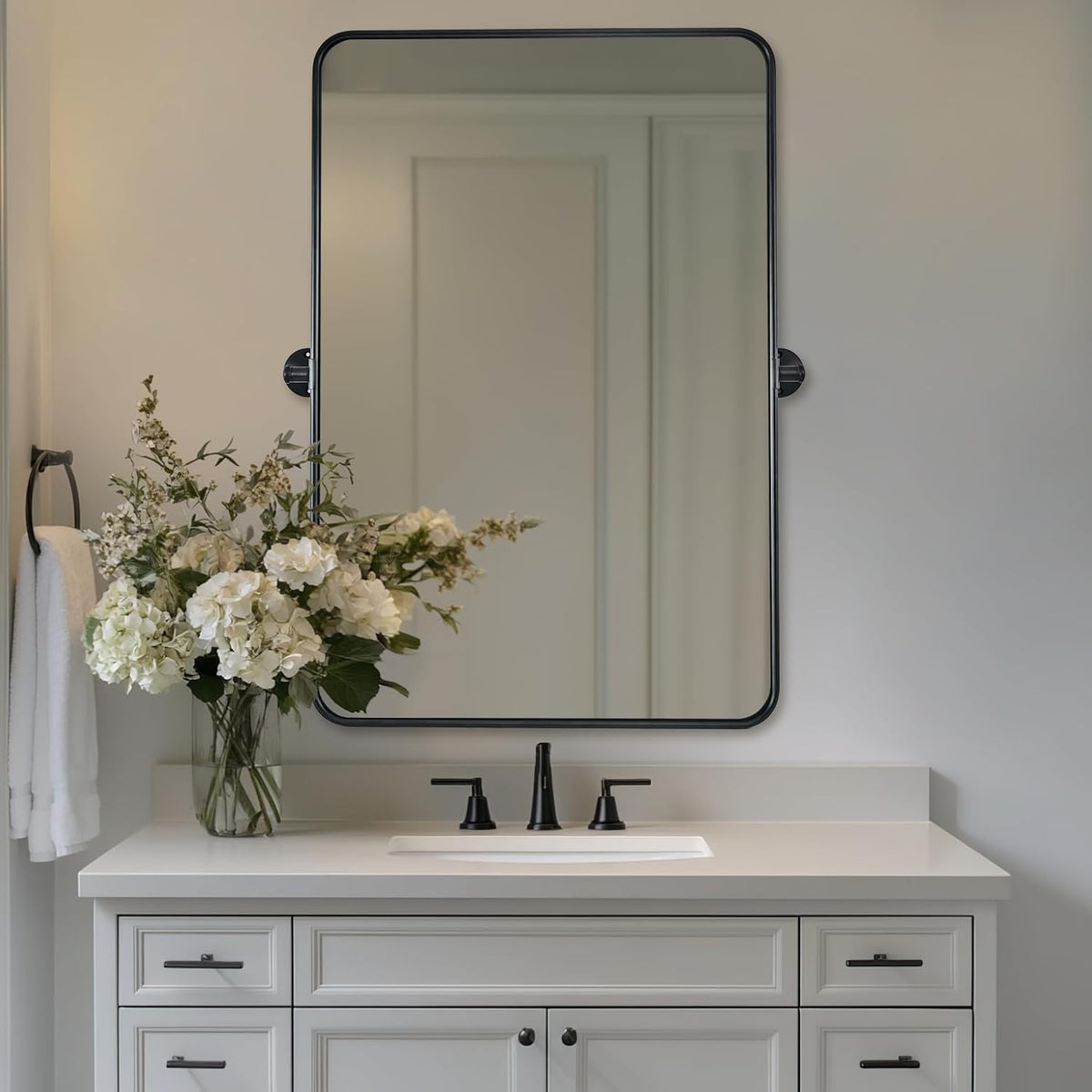 ANDY STAR Pivot Mirror, 22" x 30" Black Tilt Mirror for Bathroom with Rounded Corner Tube Metal Frame Design, Black Vanity Rectangle Bathroom Mirror for Over Sink, Hangs Vertically Farmhouse Style