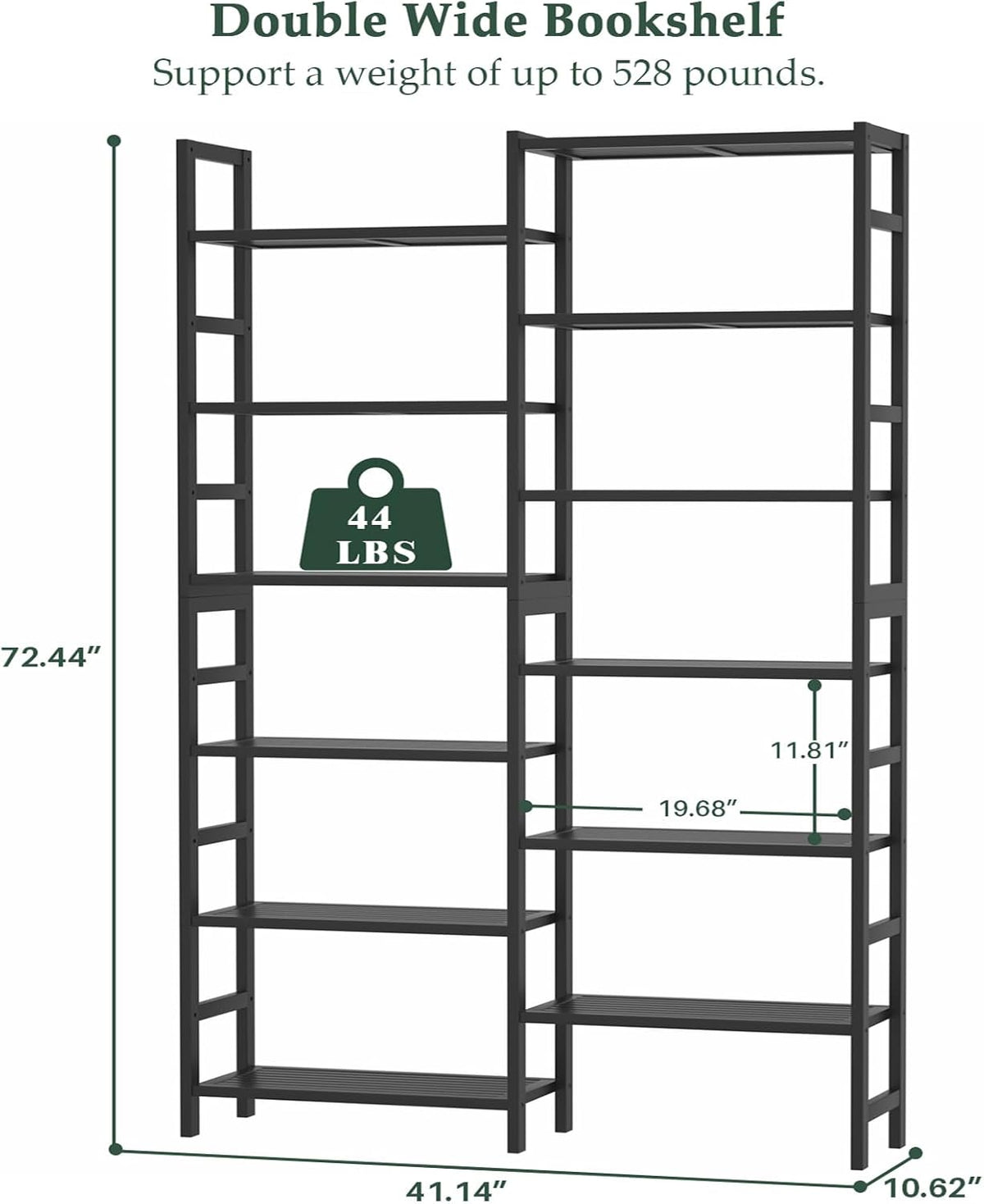 Homykic Double Wide Bamboo Bookshelf Black, 6-Tier Large Open Bookcase with 12 Display Shelves, 6ft Tall Freestanding Book Shelf for Home Office, Bedroom, Living Room, Plants