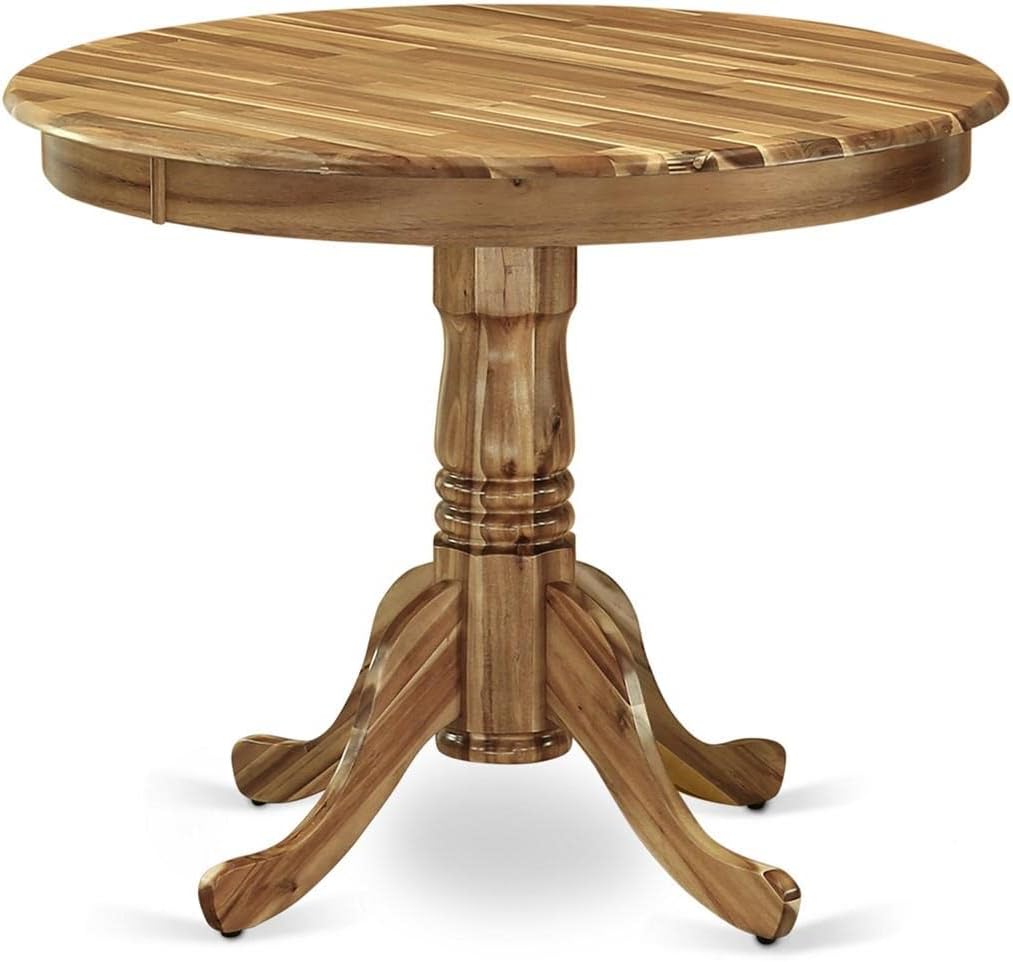 East West Furniture ANFL5-ANA-04 5 Piece Kitchen Table Set for 4 Includes a Round Dining Room Table with Pedestal and 4 Light Tan Linen Fabric Parson Dining Chairs, 36x36 Inch, Natural