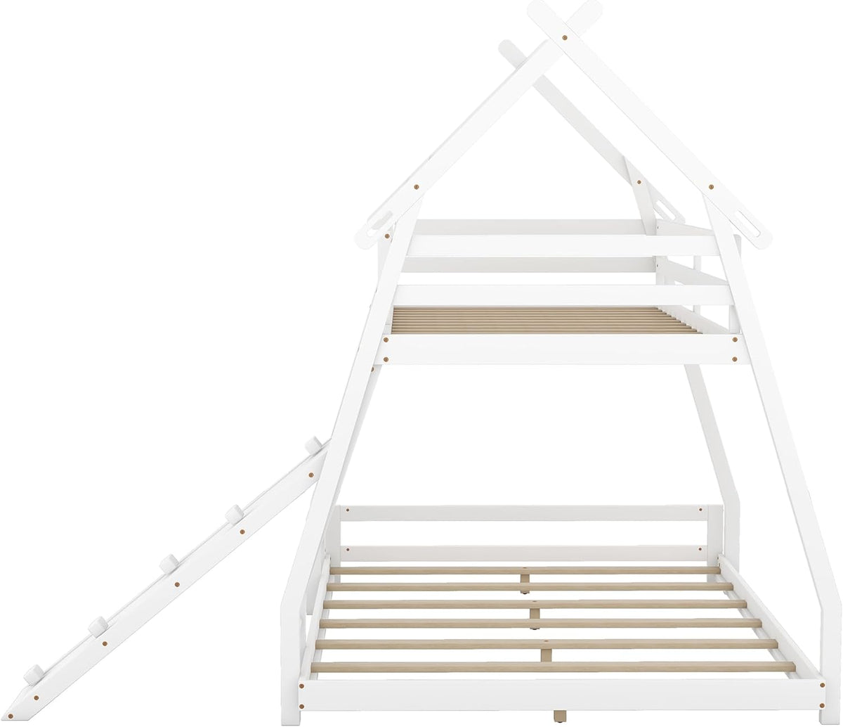 Twin Over Queen House Bunk Bed with Climbing Nets and Climbing Ramp for Kids Teens Boys Girls,Solid Wood Bunk Bed Frame with Safety Guardrails,Playful Design,White