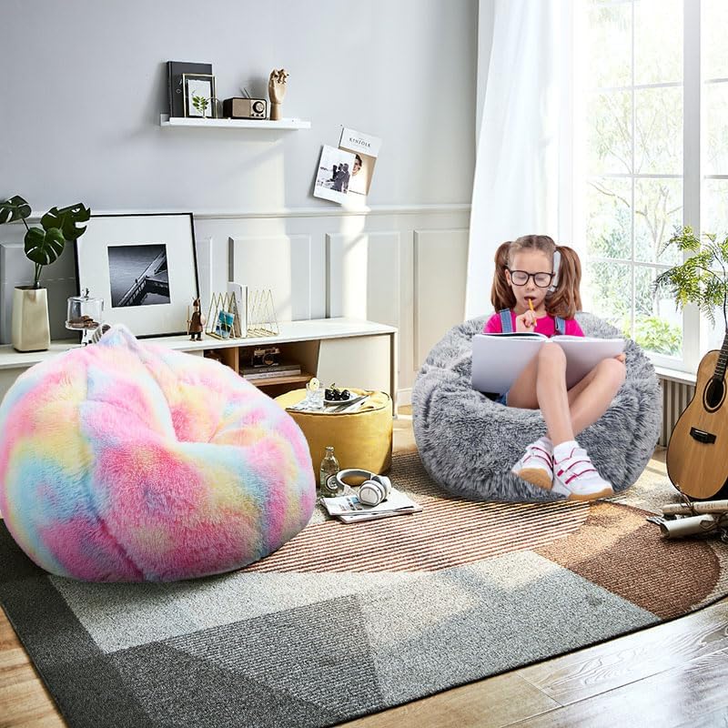 Fluffy Bean Bag Chair, 3FT Round Memory Foam Filled Bean Bag for Teens & Kids, Ultra Soft Faux Fur Fabric Bean Bag Chairs for Playroom, Living Room, Bedroom, Gray