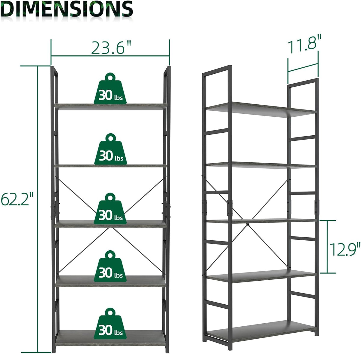 OTK 5 Tier Bookshelf, Tall Bookcase, Office Shelf Storage Organizer, Modern Book Shelf for Living Room, Bedroom, and Home Office, Dark Grey