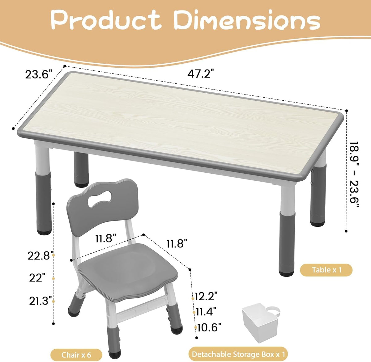 GarveeHome Kids Table and 6 Chairs Set, Height Adjustable Toddler Table and Chair Set, Graffiti Desktop, Children Study Play Dinner Table for Home Daycare Preschool for Ages 2-8, Grey