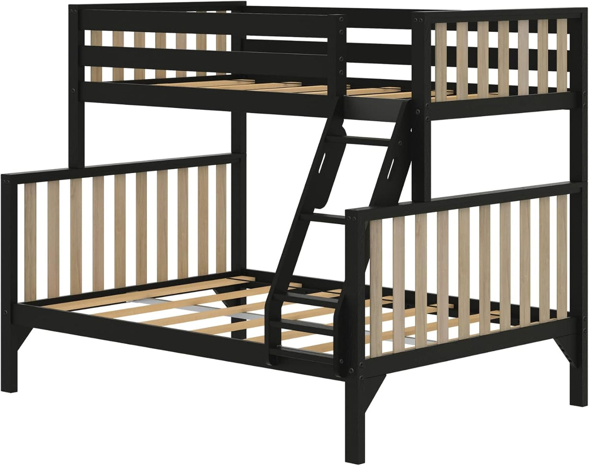 Max & Lily Bunk Bed, Scandinavian Modern Bunk Bed, Solid Wood Twin Over Full Bed Frame for Kids, No Box Spring Needed, Black/Blonde